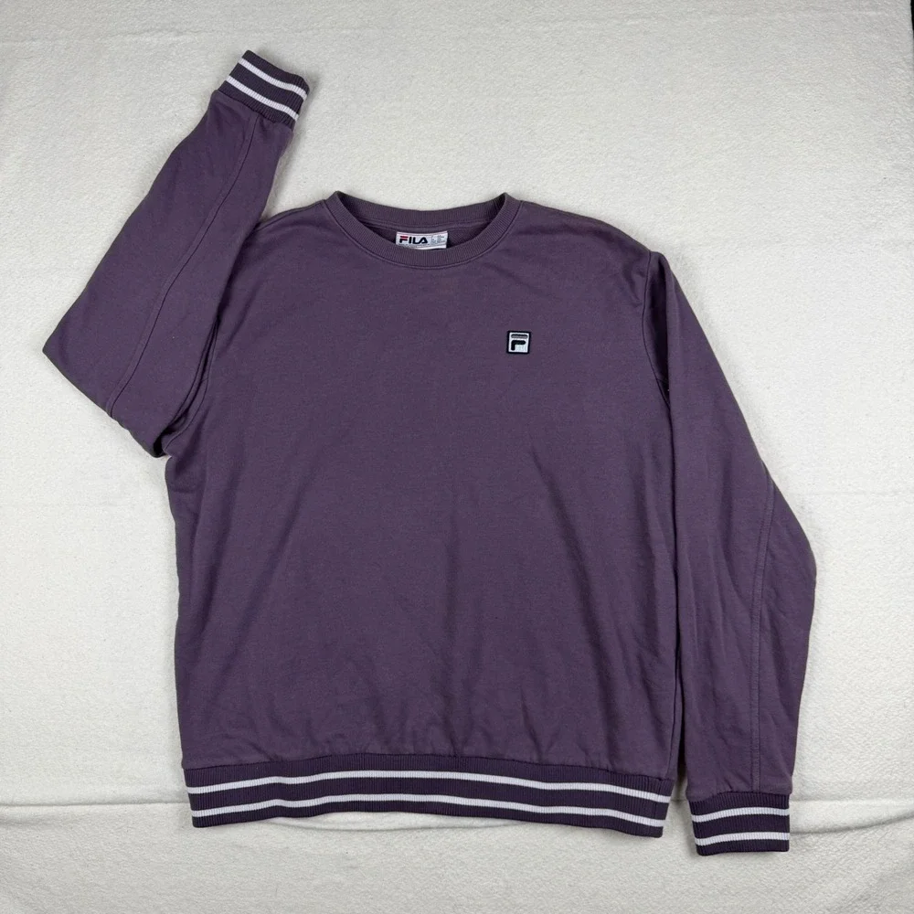 Fila Mens XXL Crewneck Sweatshirt Purple Striped Trim Pullover Logo Patch
